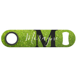Abrebotellas De Bar Lime Green Faux Purpurina Black White Monograma No