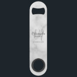 Abrebotellas De Bar Modern Script Personalized Bridesmaid<br><div class="desc">Add a personal touch to your wedding with personalized bridesmaid gift. This design features personalized bridesmaid's name in grey modern script font style and monogram in light grey modern script font style as background with title and wedding date in grey modern sans serif font style on white marble background. Also...</div>