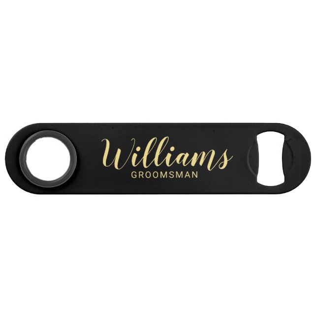 Abrebotellas De Bar Moderno Script Black & Gold Personalizado Groomsme (Anverso (Horizontal))