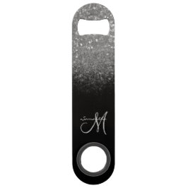 Abrebotellas De Bar Monograma moderno Purpurina plateado y nombre negr