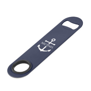 Abrebotellas De Bar Nautical Navy Blue Anchor Nombre Personalizado