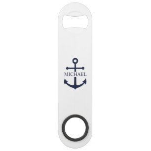 Abrebotellas De Bar Nautical Navy Blue Anchor Nombre Personalizado