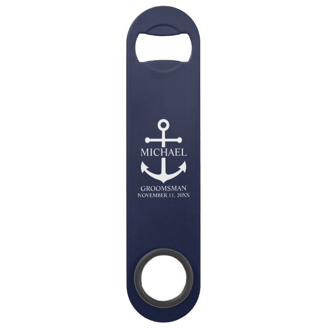 Abrebotellas De Bar Nautical Navy Blue Anchor Personalizado Groomsmen (Anverso)