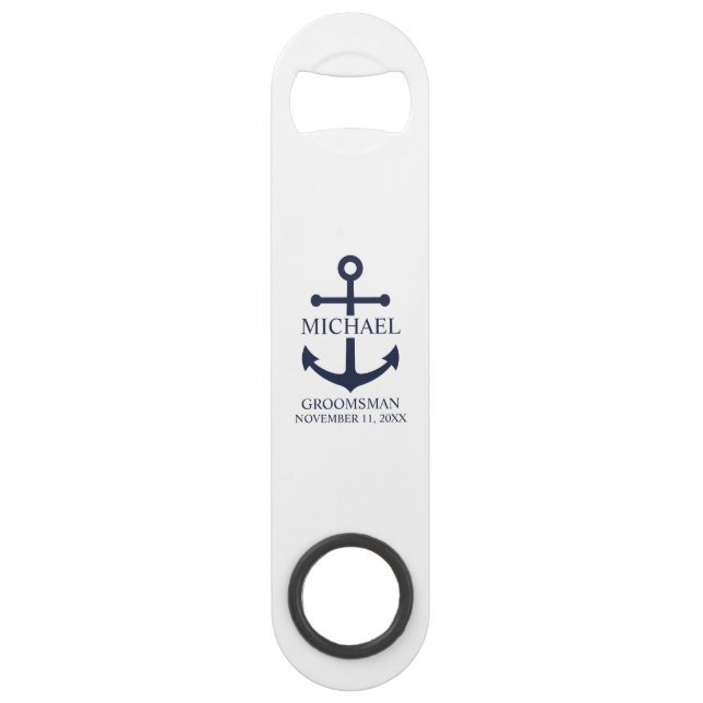 Abrebotellas De Bar Nautical Navy Blue Anchor Personalizado Groomsmen (Anverso)