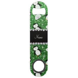 Abrebotellas De Bar Nombre personalizado purpurina verde pingüinos igl