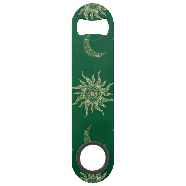 Abrebotellas De Bar Patrón verde de oro Moon Sun Mandala (Anverso)