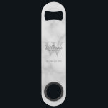 Abrebotellas De Bar Personalized Groomsman's Monogram and Name<br><div class="desc">Add a personal touch to your wedding with personalized groomsman's monogram and name gift. This design features personalized groomsman's name in classic script font style with title and wedding date and monogram as background, in classic serif font style, on white marble background. Also perfect for best man, father of the...</div>