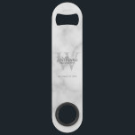 Abrebotellas De Bar Personalized Groomsman's Monogram and Name<br><div class="desc">Add a personal touch to your wedding with personalized groomsman's monogram and name gift. This design features personalized groomsman's name in classic script font style with title and wedding date and monogram as background, in classic serif font style, on white marble background. Also perfect for best man, father of the...</div>