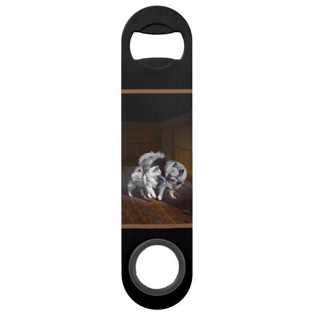 Abrebotellas De Bar Pintado Keeshond Playtime - Arte Perro Original. (Anverso)