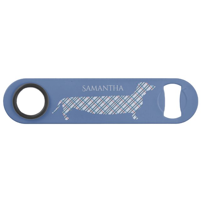 Abrebotellas De Bar Plaid Dachshund sobre el azul personalizado (Anverso (Horizontal))