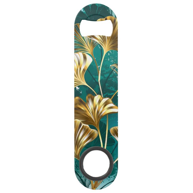 Abrebotellas De Bar Rama con hojas doradas Ginko Biloba (Anverso)