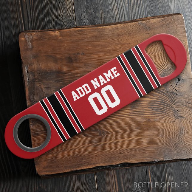 Abrebotellas De Bar Red and Black Sports Jersey Custom Name Number (Custom Bar Key)