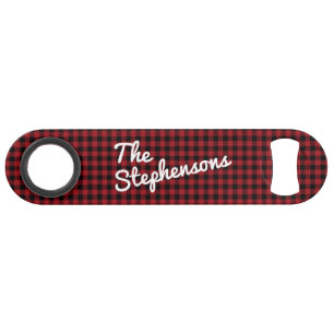 Abrebotellas De Bar Retro Black Red Buffalo Check Plaid Personalizado
