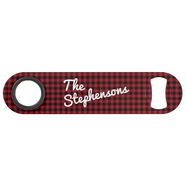 Abrebotellas De Bar Retro Black Red Buffalo Check Plaid Personalizado (Anverso (Horizontal))