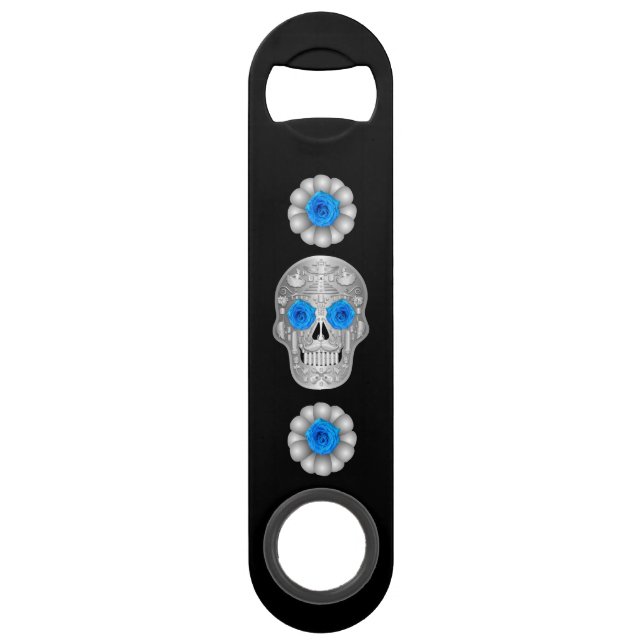 Abrebotellas De Bar Tecla de barra cromada Calavera (Rosa azul) (Anverso)