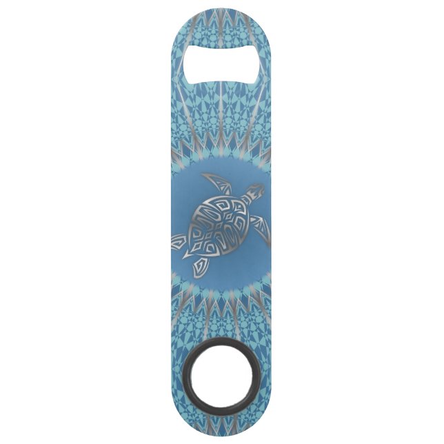 Abrebotellas De Bar Tortuga azul plateada Mandala Animal (Anverso)