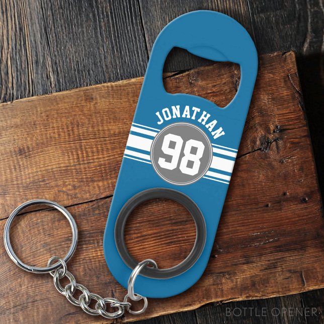 Abrebotellas De Llavero Deportes Jersey Blue y Gray Strips Name Number (Custom Bottle Opener)
