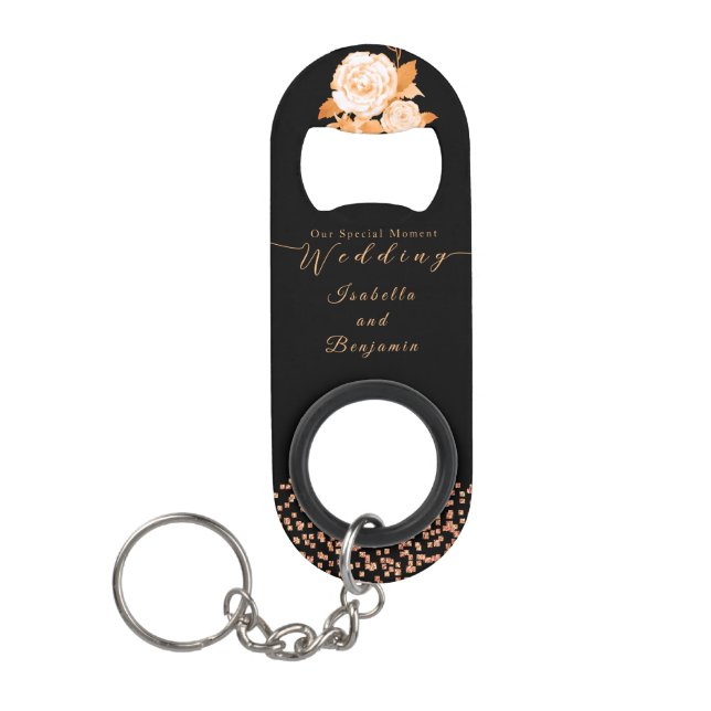 Abrebotellas De Llavero Elegante Rosa de oro Boda negro (Anverso)
