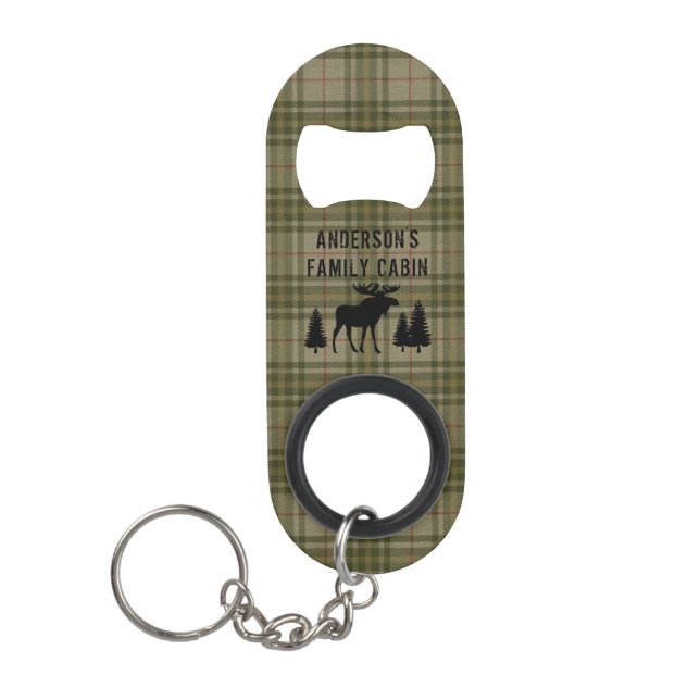 Abrebotellas De Llavero Familia Cabina Moose Pine Trees Sage Green Plaid (Anverso)