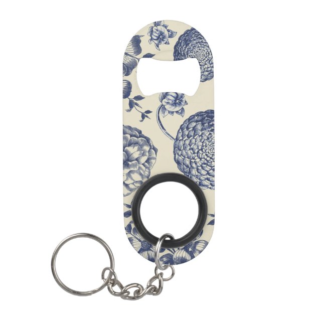 Abrebotellas De Llavero Flor azul anticuada impresa floral (Anverso)