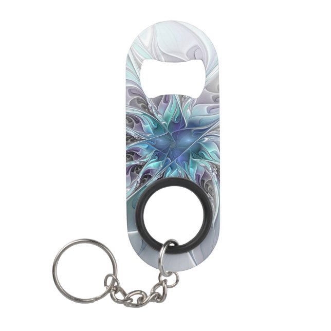 Abrebotellas De Llavero Flor Fractal Moderna Con Azul (Anverso)