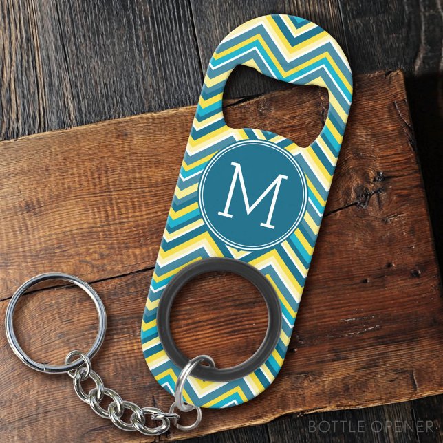 Abrebotellas De Llavero Monograma del patrón de cheurón verde azulado y am (Custom Bottle Opener)