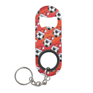 Abrebotellas De Llavero Patrón de bola de fútbol de Santa Hat en rojo
