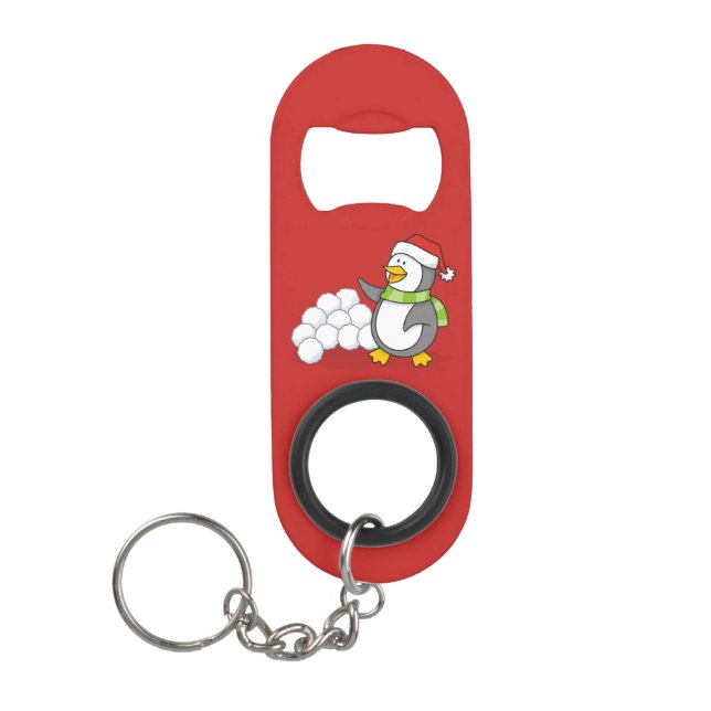Abrebotellas De Llavero Pingüino navidad con bolas de nieve ondeando (Anverso)