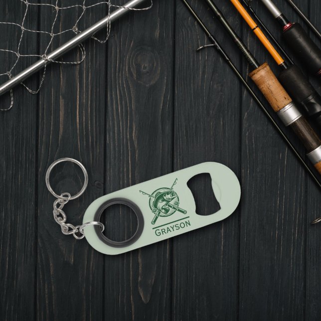 Abrebotellas De Llavero Polo y pescado verde personalizado (Green Fisherman Poles and Fish Personalized Keychain Bottle Opener)
