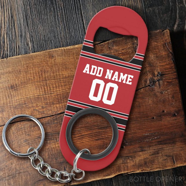 Abrebotellas De Llavero Red and Black Sports Jersey Custom Name Number (Custom Bottle Opener)