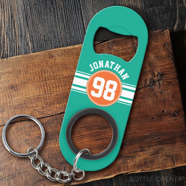 Abrebotellas De Llavero Sports Jersey Stripes Emerald & Naranja Número de  (Custom Bottle Opener)