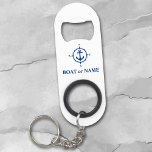 Abrebotellas De Llavero Su barco o su nombre marca de brújula náutica blan<br><div class="desc">Su nombre personalizado o nombre de barco con una brújula náutica y un ancla en azul marino sobre un elegante abridor de botellas blancas.</div>