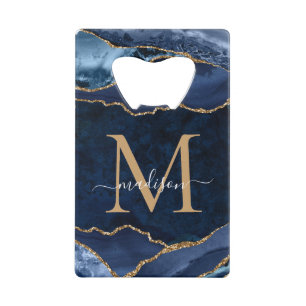 Abrebotellas De Tarjeta De Crédito Agate Geode Monograma Purpurina de oro azul de la