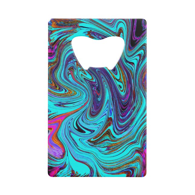 Abrebotellas De Tarjeta De Crédito Aqua Blue and Black Groovy Resumen de arte retro (Anverso)