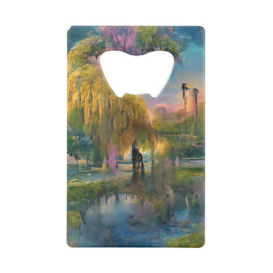 Abrebotellas De Tarjeta De Crédito Árbol salvaje dorado al atardecer junto al estanqu