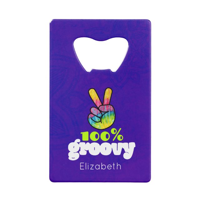 Abrebotellas De Tarjeta De Crédito Arcoiris 100% Groovy con signo de paz manual (Anverso)
