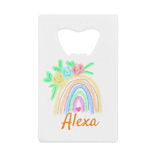 Abrebotellas De Tarjeta De Crédito Arcoíris colorido boho floral acuarela agregar nom
