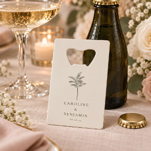 Abrebotellas De Tarjeta De Crédito Arte de línea de palma ecru minimalista para boda