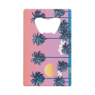 Abrebotellas De Tarjeta De Crédito Atardecer tropical: Ilustracion de playa vintage