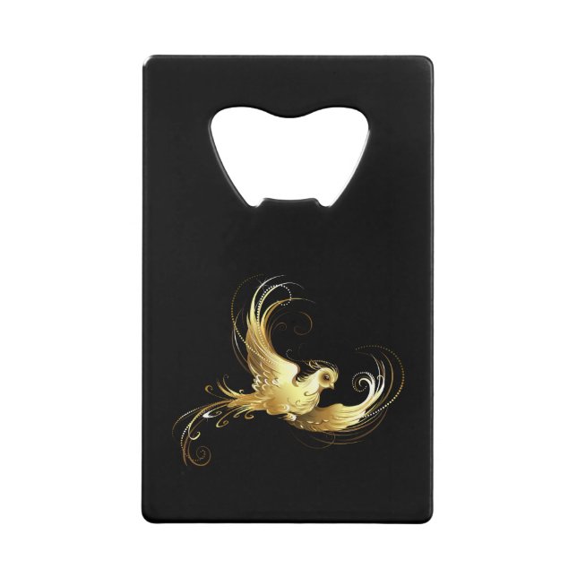 Abrebotellas De Tarjeta De Crédito Ave dorada sobre fondo negro (Anverso)