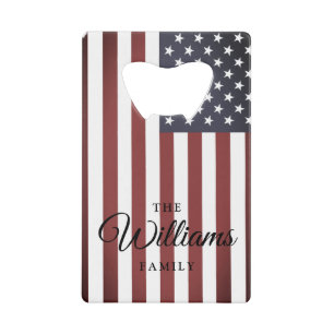 Abrebotellas De Tarjeta De Crédito Bandera y apellido de personalizado de Estados Uni