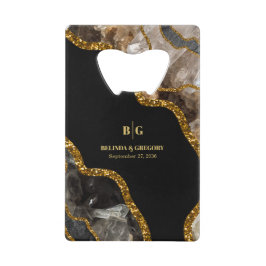 Abrebotellas De Tarjeta De Crédito Boda Glitter de Geoda de Ágata Negra y Dorada