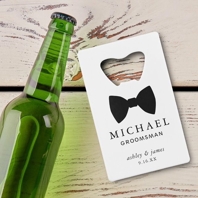Abrebotellas De Tarjeta De Crédito Boda personalizado de Black Bow Tie Groomsman (Black Bow Tie Groomsman Personalized Wedding Credit Card Bottle Opener)