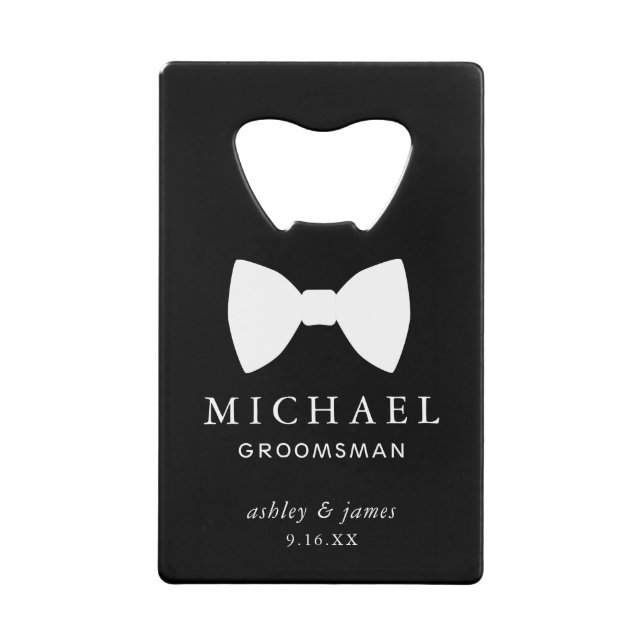 Abrebotellas De Tarjeta De Crédito Boda personalizado de White Bow Tie Groomsman (Anverso)