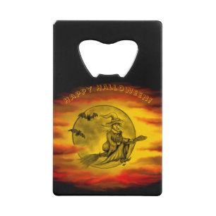 Abrebotellas De Tarjeta De Crédito Bruja voladora con gato negro, noche de halloween