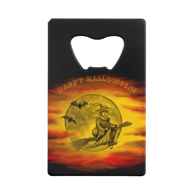 Abrebotellas De Tarjeta De Crédito Bruja voladora con gato negro, noche de halloween (Anverso)