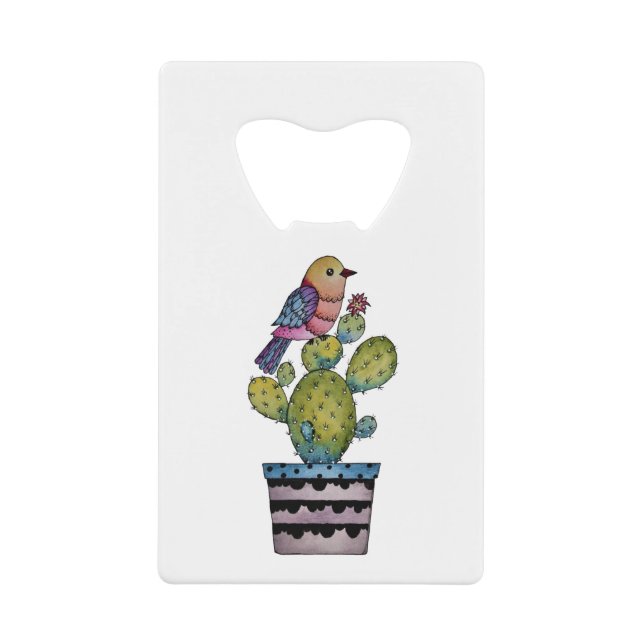 Abrebotellas De Tarjeta De Crédito Cactus Y Ave Arcoiris En Acuarela (Anverso)