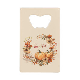 Abrebotellas De Tarjeta De Crédito Calabaza agradecida y flores de otoño