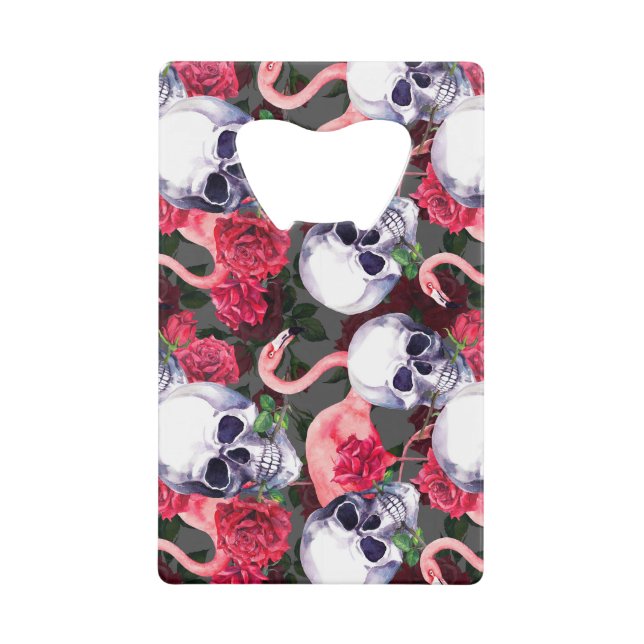 Abrebotellas De Tarjeta De Crédito Calavera floral, flamingo sin costuras. (Anverso)