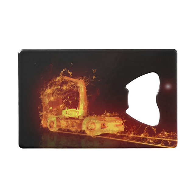 Abrebotellas De Tarjeta De Crédito Camión rojo quemándose en llamas (Anverso (Horizontal))